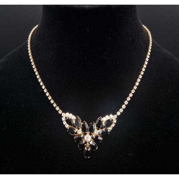 Rare Find Vintage 1980s Gold-Tone Rhinestone & Black Stone Floral Necklace - Picture 3 of 4